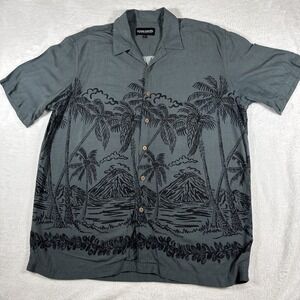 Ocean Pacific Dark Teal Hawaii Shirt Palm Tree Print Rayon Made in Korea